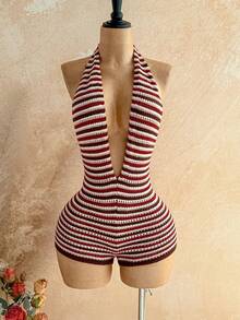 Soleia Women's Striped Pattern Halter Neck Bodycon Sexy Sleeveless Sweater Jumpsuit - Multicolor - View 3