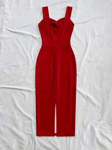 Soleia 休闲简约度假波西米亚风优雅浪漫复古红色连衣裙，适合情人节、音乐节、海滩、度假、夏季郊游，前扭结设计宽肩带修身中长连衣裙，女士 - 彩色 - 查看 3