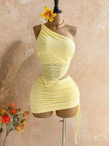 Soleia Conjunto de top camisola asimétrico de cuello de halter y textura de punto cruzada + falda ajustado de cintura con cordón y textura de punto para vacaciones - Mostaza Amarilla - Ver 7