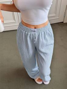 SHEIN Napfluff Women's Fashion Striped Wide Leg Pants, With Button And Label Details, Elastic Waist Casual Loose Pajama Pants Comfy Pants Lounge Pants Pyjama Pants Summer Pants - Blue - View 1