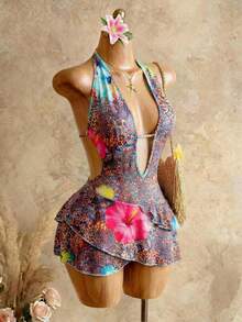 Mistrie Leopard Floral Print Knit Asymmetric Overlap Ruffle Hem Sexy Backless Party Dress, Spring/Summer - Multicolor - View 5