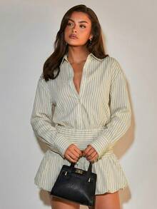 COSMINA 女士优雅条纹长袖迷你连衣裙，适合工作和通勤，四季皆宜 - 杏色 - 查看 4