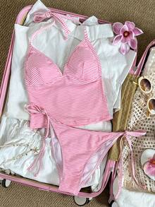 Swim Mod Elegant Vacation Sweet Women's Spaghetti Strap Bikini Set With Pink & White Fabric, Pearl & Seashell Decorations, Wireless - Pink - View 7