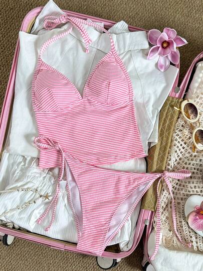 Swim Mod Elegant Vacation Sweet Women's Spaghetti Strap Bikini Set With Pink & White Fabric, Pearl & Seashell Decorations, Wireless