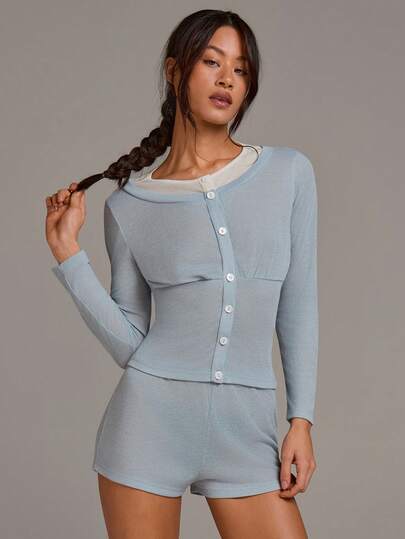 Athîral 女士休闲二合一单排扣长袖上衣和短裤套装