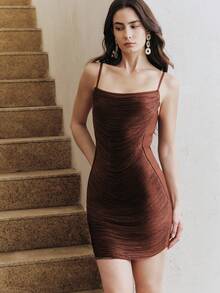 Anewsta 春夏新款绷带褶皱流苏设计紧身性感迷你连衣裙，时尚无袖修身半身裙 - 咖啡棕 - 查看 5