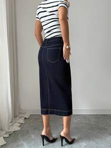 Selianne 女士优雅铅笔牛仔裙，带口袋和侧开衩 - 深色水洗藍 - 查看 2