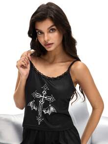 Rest Era Standard Size Women Gothic Style Lace Patchwork Cross Print Camisole And Shorts Pajama Set - Black - View 3