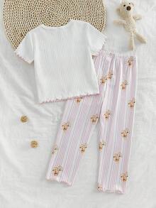 Bộ đồ ngủ cho bé gái, gồm áo in hình gấu dễ thương và quần in hình gấu kẻ sọc, thiết kế viền tương phản, tay ngắn và quần dài thanh lịch, bộ đồ ngủ 2 món. - trắng - Xem 2
