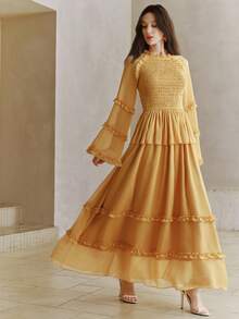 Anewsta Neues Sommer Urlaubsoutfit, einfarbiges Kleid mit rundem Ausschnitt, geraffter Taille, weiten Ärmeln und fließendem, elegantem Schnitt für Frauen - Gelb - Übersicht 4