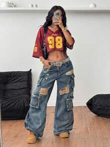 Coolane 女士街头风酷炫复古运动足球球衣字母印花 Y2K 酷炫短款百搭T恤 - 酒紅色 - 查看 4