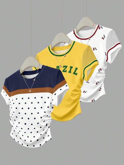 Resyla 3 Pcs/Set Women's Waist Cinched Multicolor Patchwork Short Sleeve Stripe Cherry Brazil Graphic Print Tee Tops T-Shirt