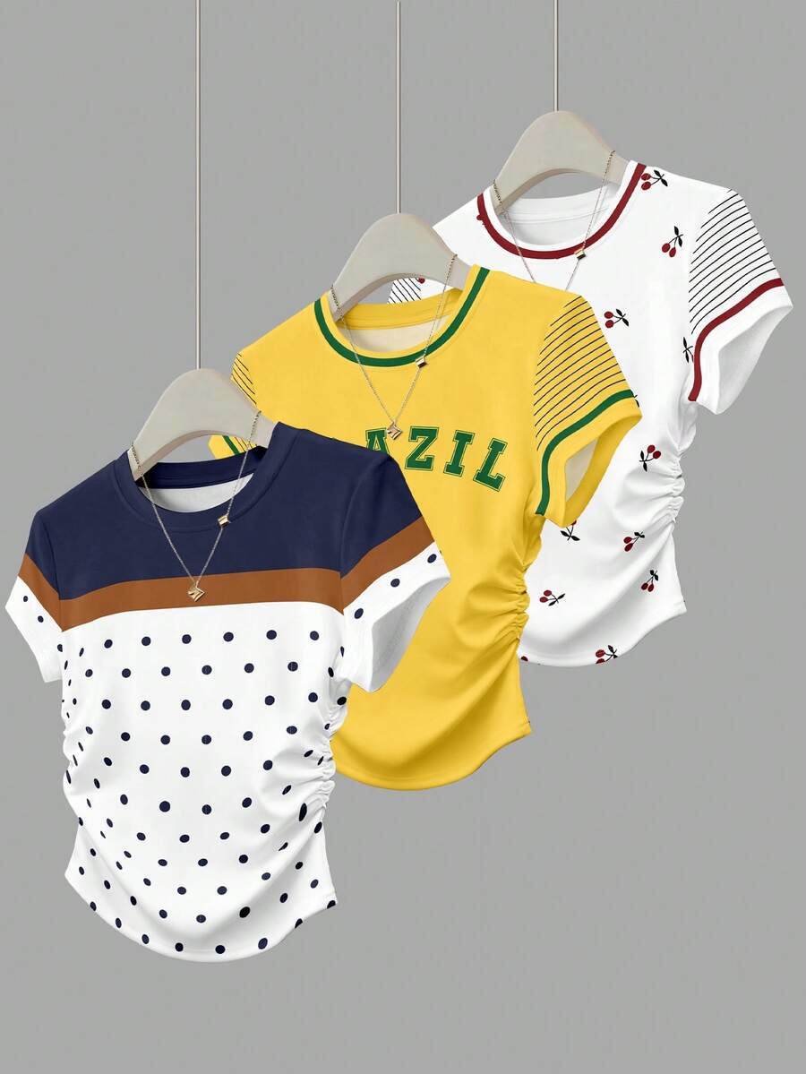 Resyla Bộ 3 áo thun nữ tay ngắn phối nhiều màu sắc, họa tiết quả anh đào và Brazil, có thắt eo. - Nhiều màu - Xem 1