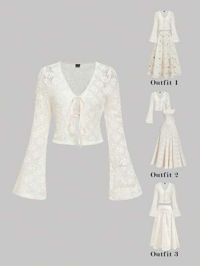 SHEIN MOD Women's Apricot Bell Sleeve Bow Tie Cropped Cardigan For Women.Ivory Crochet Knit Top Bell Sleeves ,Romantic, Spring /Summer Outfits Women,Romantic,Elegant Vacation Party Midi Dress,Summer Holiday Outfits, Ceremony,Beach Vacation Outfits,Vacation Outfits Women,  Formal Dress