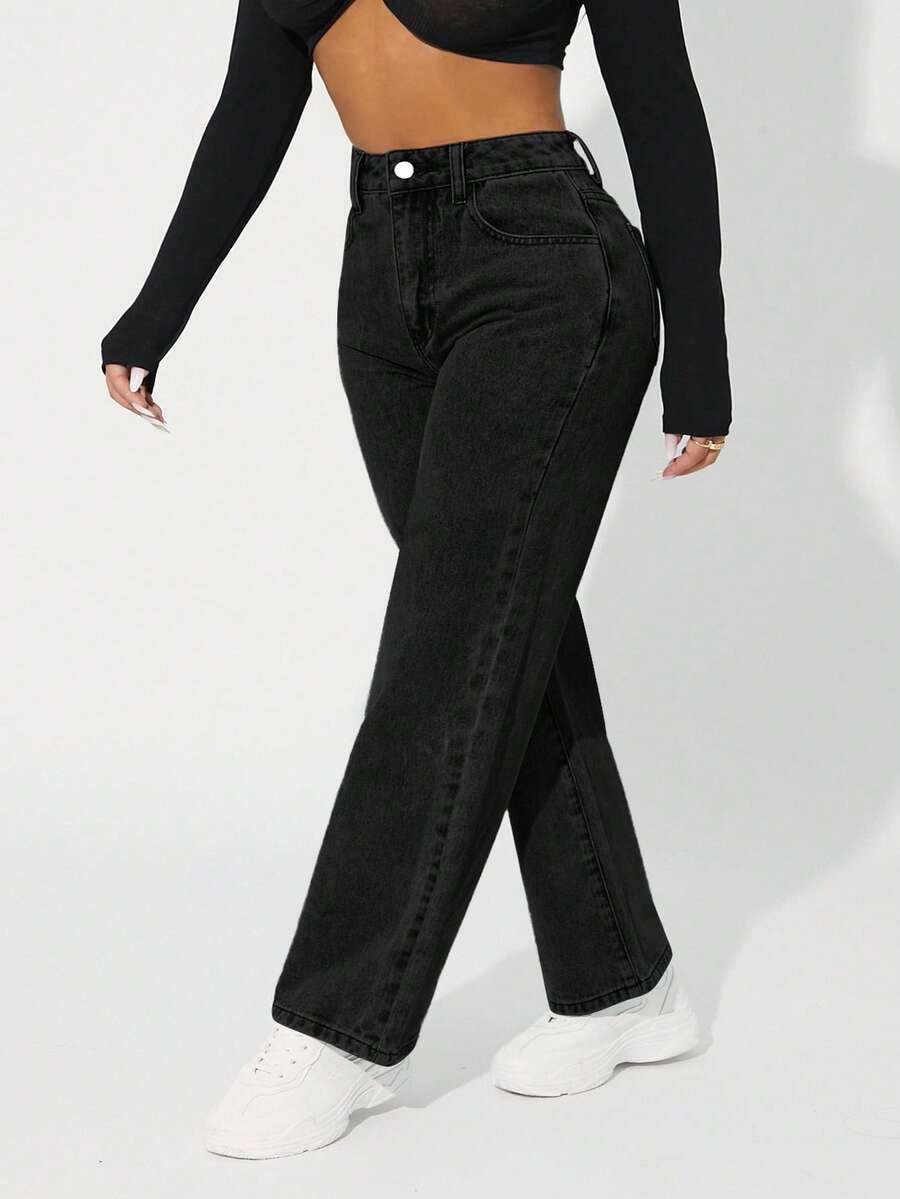 Flexra Jeans rectos de talla grande para mujer, para todas las estaciones - Negro - Ver 1