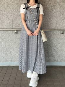 FRIFUL 女士吊带格子A字连衣裙，肩带饰有蝴蝶结 - 黑與白 - 查看 4