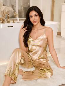 SHEIN Satin Printed Camisole And Pants Sleepwear Set For Women - Apricot - View 1