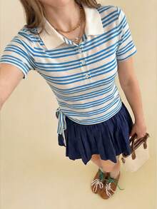 SHEIN Unity Spring/Summer New Blue & White Striped Polo Collar Half-Zip Waist Tie Bow Decor Sweet Cute T-Shirt, Retro College Style For Commuting - Blue and White - View 7