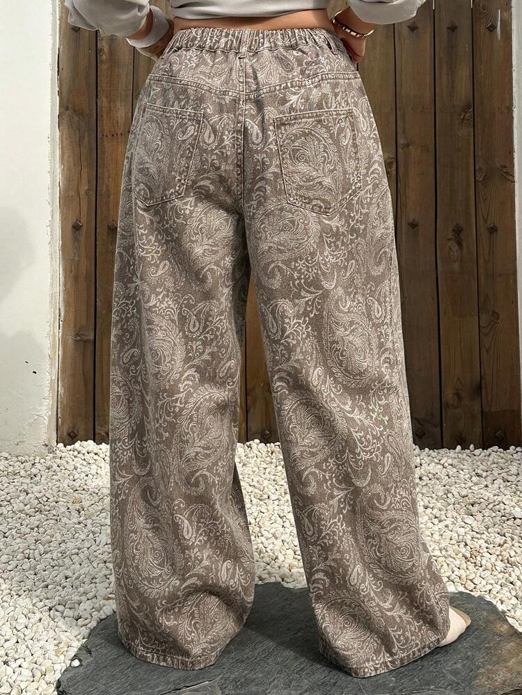 Dazy Plus Floral Print Loose Straight Leg Long Jeans, Plus Size Women, Suitable For All Seasons