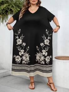 SHEIN CURVE+ Curve 尺码 US22 音乐节、海滨度假、波西米亚风女士印花休闲简约V领短袖长连衣裙，适合春夏穿着 - 黑色 - 查看 4