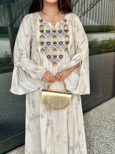 Al Najma Women's Elegant Vacation Style Embroidered Tie-Dye Print Flare Sleeve Loose Dress   Casual Dresses For Women Arab Burqa Dress