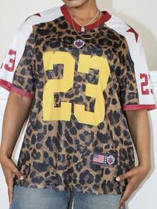 Steph T Women's Summer Festival Vintage Streetwear Sportswear Number Printed Oversized Baseball Jersey T-Shirt,Leopard Print Top,Autumn Clothes,Cheetah Print Top,Leopard Print Top - Brown - View 3
