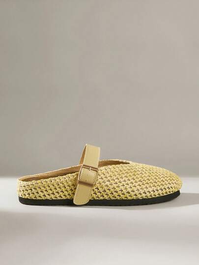 Solecia Women Shoes Spring And Summer New Woven Upper Design Round Head Seaside Vacation Natural Leisure Style Woven Fabric, Leather Decoration Yellow Women Sandals Seaside Vacation, Summer Travel, Travel Wear