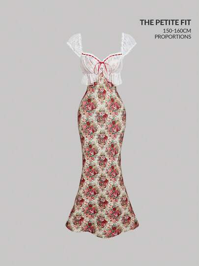 SHEIN MOD Fit For The 150-160cm,Petite Perfect,Designed For Petites,Vintage Pink Rose Print Lace Dress For Women, Romantic Valentine's Day Outfit, Date Dress New Years Women Dress Party Women Outfits.Petite Floral Print Satin Lace Mermaid Dress White Red Green Elegant Vintage Feminine Fitted Sleeveless Romantic Ruffled Trim Soft Graceful Charming Classic Curve-Hugging Delicate Breathable Lightweight Pretty Blush Bow Front Detailed Flared Silhouette