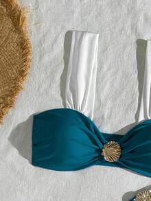 Swim Vcay Women's 2 Pieces Solid Color Patchwork Shell Decor High Waist Triangle Bikini Set, Minimalist Daily Swimwear - Multicolor - View 4
