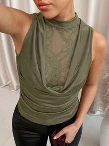 Lavishia Canotta in pizzo con scollo profondo da donna, per primavera/estate - Verde militare - Visualizzare 6