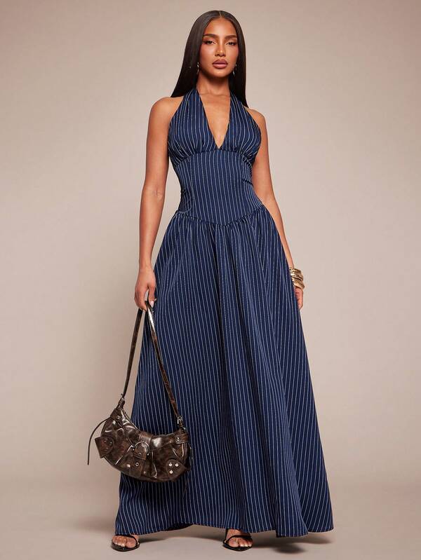 Radiana Navy Blue Striped Halter Neck Fitted Midi Dress, Bodycon Waist Design, Flowy Skirt, Suitable For Casual Outings, Urban, Commute, Office, Business, Shopping, Afternoon Tea, Dates, Gatherings, Birthdays, Parties, Galas, Evenings, Island Vacations, Beaches