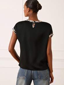 Lilora Women's Black Summer Elegent Smart Office Round Neck Satin Leopard Print Patchwork Blouse,High-End Fashionable Short Sleeve Versatile Tops For Women - Black - View 3