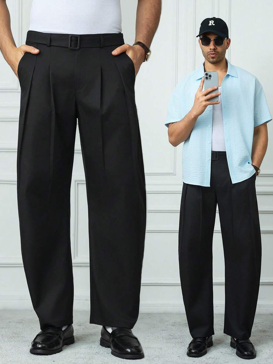 HUEFORM 男士休闲高品质弯腰复古宽松长裤，适合居家、通勤穿着，直筒宽松版型。 - 黑色 - 查看 1