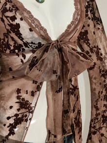 SHEIN ICON Asymmetrical Hem Flare Sleeve Retro Flocked Mesh Sheer Cardigan For Women - Brown - View 7