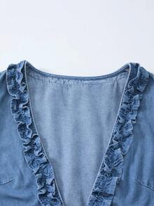 GlowEve Women's Patchwork Frill Trim Front Tie Sleeveless Denim Blouse - Blue - View 3