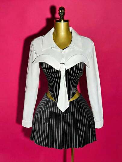 Mistrie Pleated Striped A-Line Skirt, Casual Striped Pleated Skirt For Women, High Waist Slimming, Daily Commute Versatile Minimalist Style, Suitable For Petite