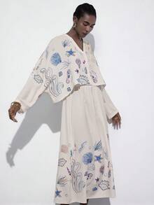 Aveloria Modichic 女士V领海星贝壳印花长袖上衣和裙子套装，适合海滩度假、春夏休闲、聚会和轻松外出。 - 彩色 - 查看 3