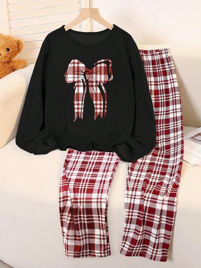 SHEIN Genkimix Kids Tween Girl 2 Pieces Pajama Set - Black Butterfly & Plaid Print Milk Silk Long Sleeve Top And Loose Plaid Pants, Comfortable Back To School Fashion Bow Pajama Set Fall Winter