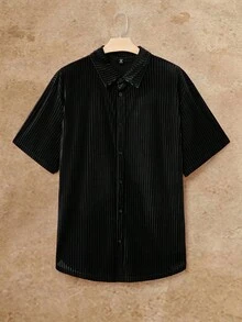 EASEVO 大尺碼男士休閒直條紋短袖襯衫，夏季，度假，父親節禮物 - 黑色 - 查看 2