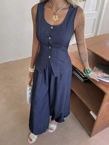 Livesso 春夏蓝色牛仔无袖开衫背心上衣，休闲办公商务套装直筒裤两件套，女士 - 藏蓝色 - 查看 2