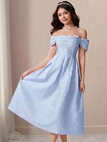 SHEIN Pitira 浅蓝色少女提花露肩优雅连衣裙 - 淺藍色 - 查看 5