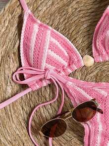 Swim Mod 女士两件式夏季沙滩泳装，镂空纹理针织面料，挂脖三角上衣，系带侧边泳裤，饰有串珠装饰 - 粉色 - 查看 3