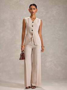 RueChic Women Striped Linen Fabric Detailed Two Pieces Suit Sets Fake Linen - Beige - View 3