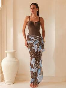Swim Oasis Spring/Summer 2-Piece Set: Solid Color Removable Padded Thick Strap High Cut One-Piece Swimsuit & Long Printed Mesh Skirt Premium Set - Coffee Brown - View 2