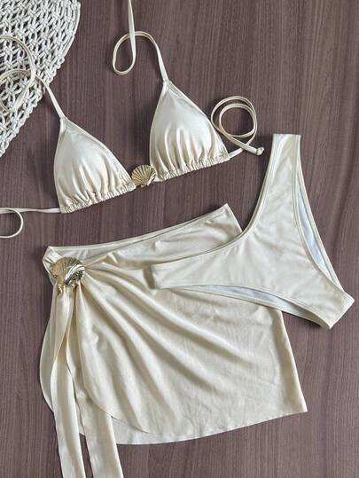 Swim Vcay Solid Color Backless Tie Design, Shell Decor, Sweet & Elegant Women's Swimwear Set