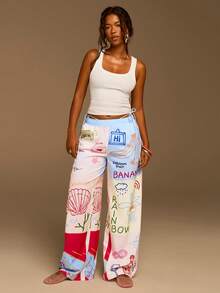 Athîral 女士休闲度假彩色格子印花弹力腰阔腿裤，春夏款 - 彩色 - 查看 3