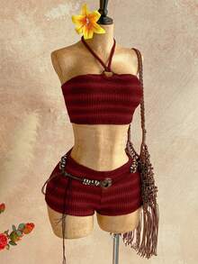 Soleia 2pcs/Set Women's Autumn/Winter Halter Striped Top & Super Shorts - Red - View 6