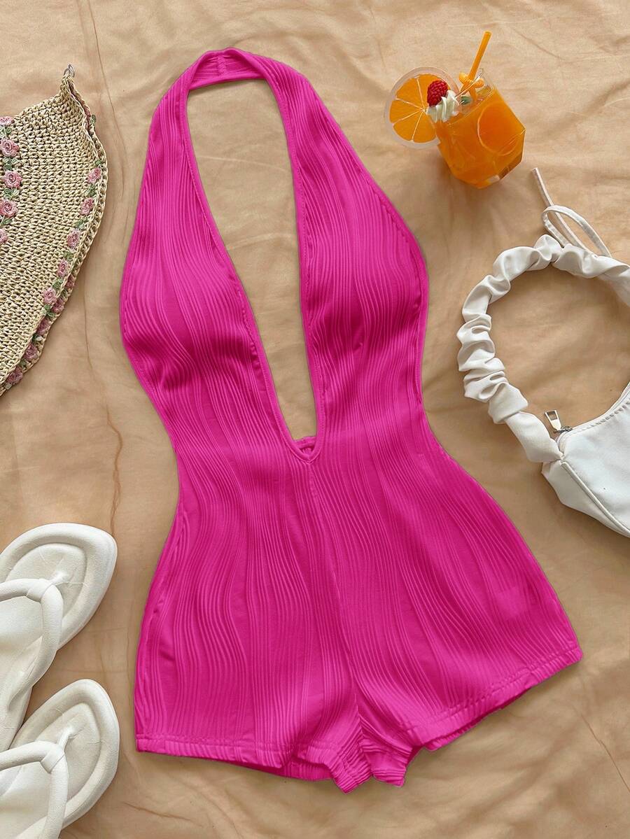 Soleia 女士度假白色针织纹理波浪图案深V领露背性感修身连体裤，适合派对、约会、下午茶、波西米亚风度假、海滩、夏季穿着 - 玫紅色 - 查看 1