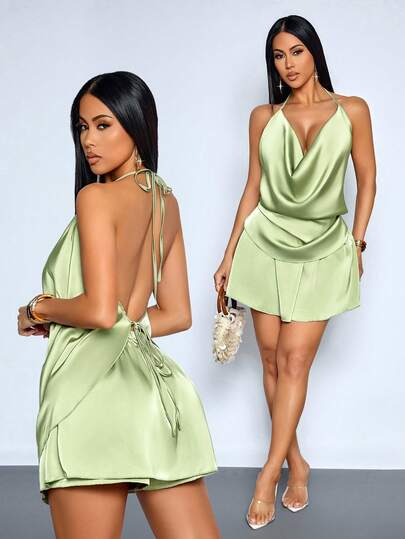 SOLERSUN Sexy, Elegant, Casual, Suitable For Commuting, Parties, Dates, And Beach Vacations. A Halter-Neck, Backless, Sexy Jumpsuit/Dress In A Soft Lilac/Purple Color, Perfect For Spring/Summer And Beach Holidays. Old Money Style.