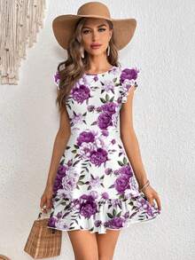 SHEIN Clasi Váy mini tay lỡ in hoa tím cho nữ - Màu tím hoa cà - Xem 6